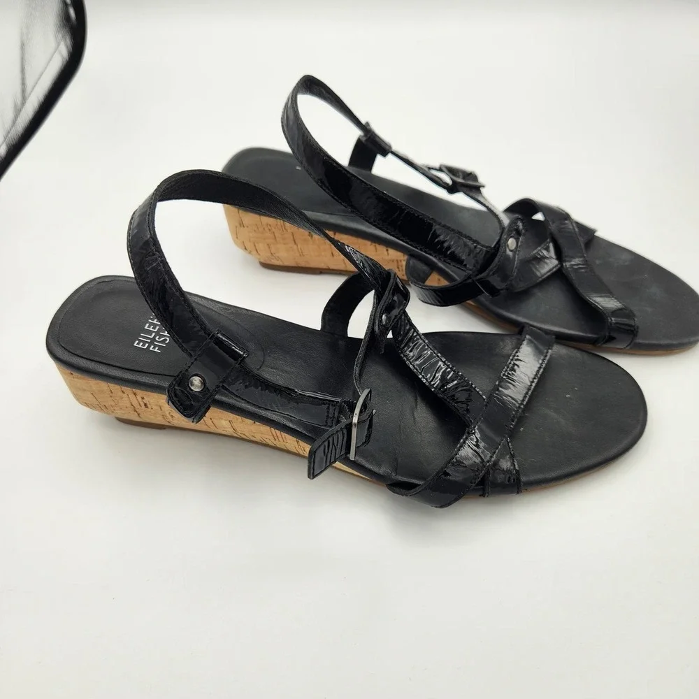 Eileen Fisher Women's Sz 9.5 Black Patent Leather Cork Low Wedge Strappy Sandals